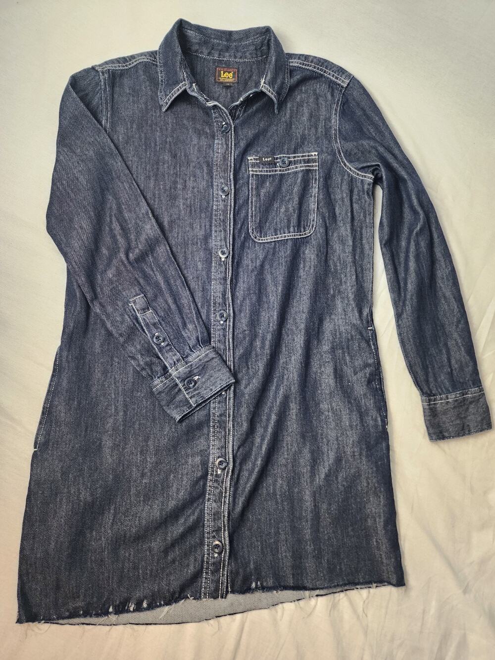 Womens XS Denim Dress Blue Long Sleeve Collared Dark Wash Summer Mom